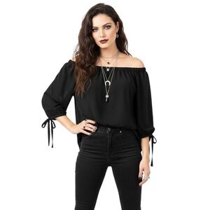 Abollria Women Bardot Off The Shoulder Chiffon Cuff Tie Witchy FairyGrunge L Top